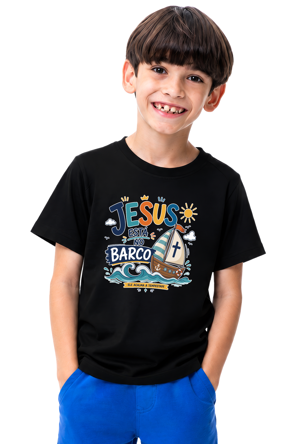 Camiseta Infantil Jesus Está no Barco — Preta — foto 1 de 1